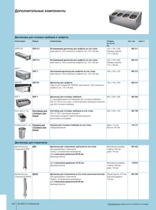 224 BLANCO Professional Подчеркнутые модели есть в наличии на складе.
Дополнительные компоненты
Диспенсеры для столовых приборов и салфеток
Иллюстрация Модель Наименование Размеры
Д x Ш x В,
мм
Арт. ном. Цена, €
SSPE-E6
SSP-T
SSP-E 3 Встраиваемый диспенсер для салфеток из н/ж стали,
вместимость: 250 сложенных салфеток (ок. 125 x 90 мм)
182 x 146 x 338 
Размеры выреза:
174 x 106 мм
566 311
SSP-E 6 Встраиваемый диспенсер для салфеток из н/ж стали,
вместимость: 500 сложенных салфеток (ок. 125 x 90 мм)
182 x 146 x 620 
Размеры выреза:
174 x 106 мм
566 312
SSP-T Настольный диспенсер для салфеток из н/ж стали,
вместимость: 250 сложенных салфеток (ок. 125 x 90 мм)
182 x 146 x 340  566 313
SSP-BT SSP-BT Диспенсер для салфеток
годится для тележек BT 400/800, вместимость: 250 сложенных
салфеток (ок. 125 x 90 мм)
182 x 146 x 340  566 314
BSP 4 BSP 4 Диспенсер для столовых приборов
с 4 вынимающимися контейнерами для столовых приборов
GN 1/4-150 из н/ж стали с плексигласовой санитарной защитой,
для 400 столовых приборов
682 x 304 x 306  565 840
Конт. для ст. пр. Контейнер для
столовых при-
боров
Контейнер для столовых приборов из н/ж стали,
GN 1/4-150 с наклонным днищем и 
наполовину откидной плексигласовой крышкой,
для вставки и установки
265 x 162 x 150  565 786
Корзина для ст. пр. Корзина для
столовых при-
боров
Корзина для столовых приборов из н/ж стали,
перфорированная
Диам. 115 мм
Высота 145 мм
144 121
Диспенсеры для стаканчиков
Диспенсер для
стаканчиков BDP
BDP Диспенсер для стаканчиков трубчатый из н/ж стали,
для одноразовых стаканчиков,
трубка с установочным механизмом,
для стаканчиков диаметром 68–90 мм,
фиксация винтом
Монтажные размеры:
глубина: 648 мм
диам. 104 мм
565 452
Для стаканчиков диаметром 78–93 мм,
фиксация винтом
Монтажные размеры:
глубина: 648 мм
диам. 104 мм
572570
Диспенсер для
стаканчиков BDPW
BDPW Диспенсер для стаканчиков из н/ж стали (настенный монтаж),
для одноразовых стаканчиков,
трубка с установочным механизмом,
для стаканчиков диаметром 68–90 мм,
фиксация винтом
Общая высота: 675 мм
Внешний диаметр:
135 мм
565 590
 