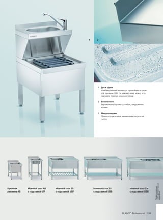 1 2
3
199BLANCO Professional
Профессиональ­ные­
мойки,Дополнительные­
компоненты
1	 Два в одном
Комбинированный вариант из рукомойника и кухон-
ной раковины HAU. На нижнюю ванну можно уста-
навливать тяжелую кухонную посуду.
2	 Безопасность
	 Вертикальные бортики с отгибом, закругленные
кромки.
3	Микрополировка
	 Превосходная гигиена, минимальные затраты на
чистку.
Кухонная
раковина AB
Моечный стол AB
с подставкой UR
Моечный стол ES
с подставкой UBR
Моечный стол ZS
с подставкой UBB
Моечный стол ZM
с подставкой UBB
 