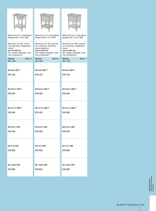AB 5x6/ URB 2)
	
576 124	
AB 5x6-4/ URB 2)
	
576 224	
AB 5x7-4/ URB 2)
	
576 324	
AB 6,5x7/ URB
	
576 424	
AB 7x7/ URB
	
576 524	
AB 7,5x8/ URB
	
576 624	
AB 5x6/ UBB 2)
	
576 125	
AB 5x6-4/ UBB 2)
	
576 225	
AB 5x7-4/ UBB 2)
	
576 325	
AB 6,5x7/ UBB
	
576 425	
AB 7x7/ UBB
	
576 525	
AB 7,5x8/ UBB
	
576 625	
AB 5x6/ UBR 2)
	
576 123	
AB 5x6-4/ UBR 2)
	
576 223	
AB 5x7-4/ UBR 2)
	
576 323	
AB 6,5x7/ UBR
	
576 423	
AB 7x7/ UBR
	
576 523	
AB 7,5x8/ UBR
	
576 623	
203BLANCO Professional
Профессиональ­ные­
мойки,Дополнительные­
компоненты
Моечный стол AB, откры-
тая подставка и вваренная
полка,
высота 850 мм, ­
вкл. трубку перелива, слив-
ное углубление 2
Моечный стол с подставкой
Модель AB 5 x 6-4/ URB
Модель 	 Цена, €
Арт. ном.
Моечный стол AB, подстав-
ка с кожухом, трубчатая
рама и решетка,
высота 850 мм, ­
вкл. трубку перелива, слив-
ное углубление 2
Моечный стол с подставкой
Модель AB 5 x 6-4/ UBR
Модель 	 Цена, €
Арт. ном.
Моечный стол AB, подстав-
ка с кожухом и вваренная
полка,
высота 850 мм, ­
вкл. трубку перелива, слив-
ное углубление 2
Моечный стол с подставкой
Модель AB 5 x 6-4/ UBB
Модель 	 Цена, €
Арт. ном.
 