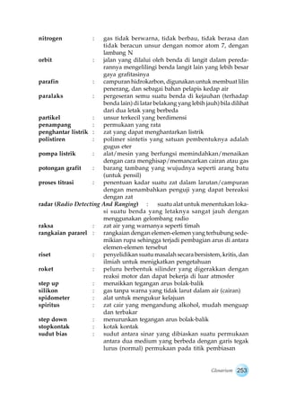 nitrogen : gas tidak berwarna, tidak berbau, tidak berasa dan 
tidak beracun unsur dengan nomor atom 7, dengan 
lambang N 
orbit : jalan yang dilalui oleh benda di langit dalam pereda-rannya 
mengelilingi benda langit lain yang lebih besar 
Glosarium 253 
gaya grafitasinya 
parafin : campuran hidrokarbon, digunakan untuk membuat lilin 
penerang, dan sebagai bahan pelapis kedap air 
paralaks : pergeseran semu suatu benda di kejauhan (terhadap 
benda lain) di latar belakang yang lebih jauh) bila dilihat 
dari dua letak yang berbeda 
partikel : unsur terkecil yang berdimensi 
penampang : permukaan yang rata 
penghantar listrik : zat yang dapat menghantarkan listrik 
polistiren : polimer sintetis yang satuan pembentuknya adalah 
gugus eter 
pompa listrik : alat/mesin yang berfungsi memindahkan/menaikan 
dengan cara menghisap/memancarkan cairan atau gas 
potongan grafit : barang tambang yang wujudnya seperti arang batu 
(untuk pensil) 
proses titrasi : penentuan kadar suatu zat dalam larutan/campuran 
dengan menambahkan penguji yang dapat bereaksi 
dengan zat 
radar (Radio Detecting And Ranging) : suatu alat untuk menentukan loka-si 
suatu benda yang letaknya sangat jauh dengan 
menggunakan gelombang radio 
raksa : zat air yang warnanya seperti timah 
rangkaian pararel : rangkaian dengan elemen-elemen yang terhubung sede-mikian 
rupa sehingga terjadi pembagian arus di antara 
elemen-elemen tersebut 
riset : penyelidikan suatu masalah secara bersistem, kritis, dan 
ilmiah untuk menigkatkan pengetahuan 
roket : peluru berbentuk silinder yang digerakkan dengan 
reaksi motor dan dapat bekerja di luar atmosfer 
step up : menaikkan tegangan arus bolak-balik 
silikon : gas tanpa warna yang tidak larut dalam air (cairan) 
spidometer : alat untuk mengukur kelajuan 
spiritus : zat cair yang mengandung alkohol, mudah menguap 
dan terbakar 
step down : menurunkan tegangan arus bolak-balik 
stopkontak : kotak kontak 
sudut bias : sudut antara sinar yang dibiaskan suatu permukaan 
antara dua medium yang berbeda dengan garis tegak 
lurus (normal) permukaan pada titik pembiasan 
 