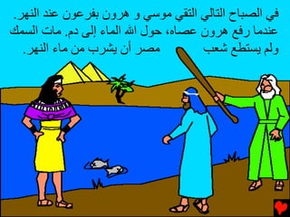 ‫ﻓﻲ اﻟﺼﺒﺎح اﻟﺘﺎﻟﻲ اﻟﺘﻘﻲ ﻡﻮﺱﻲ و هﺮون ﺑﻔﺮﻋﻮن ﻋﻨﺪ اﻟﻨﻬﺮ.‬
‫ﻋﻨﺪﻡﺎ رﻓﻊ هﺮون ﻋﺼﺎﻩ، ﺡﻮل اﷲ اﻟﻤﺎء إﻟﻰ دم. ﻡﺎت اﻟﺴﻤﻚ‬
  ‫ﻡﺼﺮ أن ﻳﺸﺮب ﻡﻦ ﻡﺎء اﻟﻨﻬﺮ.‬          ‫وﻟﻢ ﻳﺴﺘﻄﻊ ﺵﻌﺐ‬
 