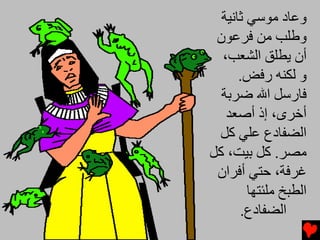 ‫وﻋﺎد ﻡﻮﺱﻲ ﺙﺎﻧﻴﺔ‬
 ‫وﻃﻠﺐ ﻡﻦ ﻓﺮﻋﻮن‬
  ‫أن ﻳﻄﻠﻖ اﻟﺸﻌﺐ،‬
      ‫و ﻟﻜﻨﻪ رﻓﺾ.‬
  ‫ﻓﺎرﺱﻞ اﷲ ﺿﺮﺑﺔ‬
   ‫أﺥﺮى، إذ أﺻﻌﺪ‬
 ‫اﻟﻀﻔﺎدع ﻋﻠﻲ آﻞ‬
‫ﻡﺼﺮ. آﻞ ﺑﻴﺖ، آﻞ‬
 ‫ﻏﺮﻓﺔ، ﺡﺘﻲ أﻓﺮان‬
        ‫اﻟﻄﺒﺦ ﻡﻠﺌﺘﻬﺎ‬
      ‫اﻟﻀﻔﺎدع.‬
 
