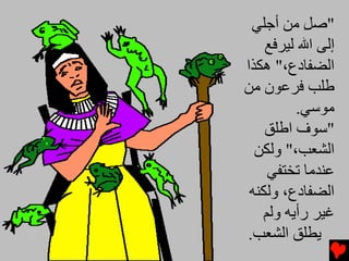 ‫"ﺻﻞ ﻡﻦ أﺟﻠﻲ‬
           ‫ِ‬
    ‫إﻟﻰ اﷲ ﻟﻴﺮﻓﻊ‬
‫اﻟﻀﻔﺎدع،" هﻜﺬا‬
‫ﻃﻠﺐ ﻓﺮﻋﻮن ﻡﻦ‬
          ‫ﻡﻮﺱﻲ.‬
    ‫"ﺱﻮف اﻃﻠﻖ‬
  ‫اﻟﺸﻌﺐ،" وﻟﻜﻦ‬
    ‫ﻋﻨﺪﻡﺎ ﺕﺨﺘﻔﻲ‬
 ‫اﻟﻀﻔﺎدع، وﻟﻜﻨﻪ‬
   ‫ﻏﻴﺮ رأﻳﻪ وﻟﻢ‬
‫ﻳﻄﻠﻖ اﻟﺸﻌﺐ.‬
 