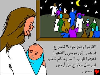 ‫"ﻗﻮﻡﻮا واﺥﺮﺟﻮا،" ﺕﻀﺮع‬
  ‫ﻓﺮﻋﻮن إﻟﻰ ﻡﻮﺱﻲ ."اذهﺒﻮا‬
‫اﻋﺒﺪوا اﻟﺮب." ﺱﺮﻳﻌﺎ ﻗﺎم ﺵﻌﺐ‬
    ‫إﺱﺮاﺉﻴﻞ وﺥﺮج ﻡﻦ أرض‬
                  ‫ﻡﺼﺮ.‬
 