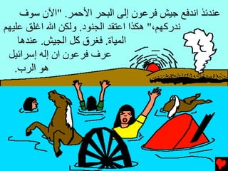 ‫ﻋﻨﺪﺉﺬ اﻧﺪﻓﻊ ﺟﻴﺶ ﻓﺮﻋﻮن إﻟﻰ اﻟﺒﺤﺮ اﻷﺡﻤﺮ. "اﻵن ﺱﻮف‬
‫ﻧﺪرآﻬﻢ،" هﻜﺬا اﻋﺘﻘﺪ اﻟﺠﻨﻮد. وﻟﻜﻦ اﷲ اﻏﻠﻖ ﻋﻠﻴﻬﻢ‬
    ‫اﻟﻤﻴﺎة. ﻓﻐﺮق آﻞ اﻟﺠﻴﺶ. ﻋﻨﺪهﺎ‬
 ‫ﻋﺮف ﻓﺮﻋﻮن ان إﻟﻪ إﺱﺮاﺉﻴﻞ‬
   ‫هﻮ اﻟﺮب.‬
 
