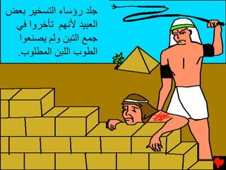 ‫ﺟﻠﺪ رؤﺱﺎء اﻟﺘﺴﺨﻴﺮ ﺑﻌﺾ‬
 ‫اﻟﻌﺒﻴﺪ ﻷﻧﻬﻢ ﺕﺄﺥﺮوا ﻓﻲ‬
  ‫ﺟﻤﻊ اﻟﺘﺒﻦ وﻟﻢ ﻳﺼﻨﻌﻮا‬
 ‫اﻟﻄﻮب اﻟﻠﺒﻦ اﻟﻤﻄﻠﻮب.‬
 