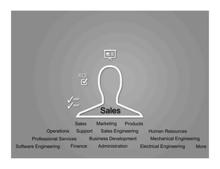 Marketing ProductsSales
Sales EngineeringSupportOperations
Professional Services
Human Resources
Software Engineering
Business Development
Finance MoreElectrical EngineeringAdministration
Mechanical Engineering
Sales
 