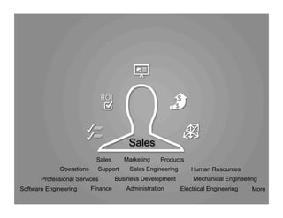Marketing ProductsSales
Sales EngineeringSupportOperations
Professional Services
Human Resources
Software Engineering
Business Development
Finance MoreElectrical EngineeringAdministration
Mechanical Engineering
Sales
 