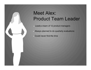 Meet Alex:
Product Team Leader
!   Leads a team of 12 product managers
!   Always planned to do quarterly evaluations
!   Could never find the time
 