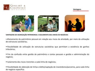 Vantagens
VANTAGENS DA SEGREGAÇÃO PATRIMONIAL E ISOLAMENTO DAS LINHAS DE NEGÓCIOS:
 Afastamento do patrimônio pessoal em relação aos riscos da atividade, por meio da utilização
de estruturas societárias;
 Possibilidade de utilização de estruturas societárias que permitam a existência de ganhos
tributários;
 Fim da confusão entre gestão de patrimônio e contas pessoais e gestão e administração do
negócio;
 Isolamento dos riscos inerentes a cada linha de negócios;
 Possibilidade de obtenção de linhas crédito/captação de investidores/parceiros, para cada linha
de negócio específica.
 