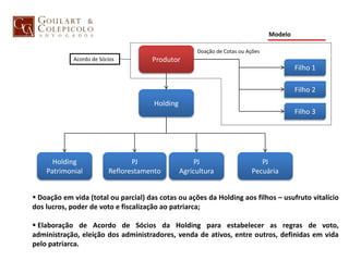PJ
Reflorestamento
PJ
Agricultura
 Doação em vida (total ou parcial) das cotas ou ações da Holding aos filhos – usufruto vitalício
dos lucros, poder de voto e fiscalização ao patriarca;
 Elaboração de Acordo de Sócios da Holding para estabelecer as regras de voto,
administração, eleição dos administradores, venda de ativos, entre outros, definidas em vida
pelo patriarca.
Holding
Patrimonial
PJ
Pecuária
Modelo
Produtor
Holding
Filho 1
Filho 2
Filho 3
Doação de Cotas ou Ações
Acordo de Sócios
 