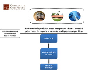 RISCOS NO
NEGÓCIO
PESSOA JURÍDICA
S.A./LTDA.
Princípio da Entidade
– Autonomia da
Pessoa Jurídica
Patrimônio do produtor passa a responder INDIRETAMENTE
pelos riscos do negócio e somente em hipóteses específicas
PRODUTOR
 