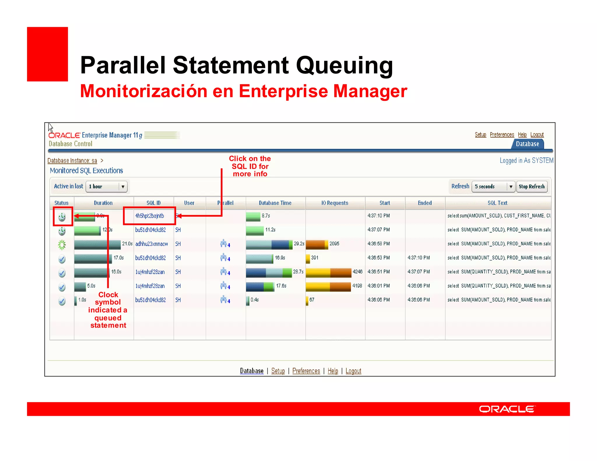 Parallel Statement Queuing
Monitorización en Enterprise Manager


                Click on the
                 SQL ID for
                 more info




                    Awaiting screen
                     shot from EM


   Clock
  symbol
indicated a
  queued
 statement
 