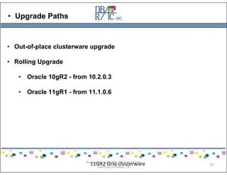 • Upgrade Paths
• Out-of-place clusterware upgrade
• Rolling Upgrade
• Oracle 10gR2 - from 10.2.0.3
• Oracle 11gR1 - from 11.1.0.6
11GR2 Grid clusterwarePresented on 10/21/2010 at DOUG
meeting in Dallas, TX
19
 