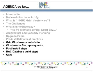 AGENDA so far…
• Introduction
• Node eviction issue in 10g
• What is “11GR2 Grid clusterware”?
• The Challenges
• What’s different today?
• “We’ve seen this before, smart guy…”
• Architecture and Capacity Planning
• Upgrade Paths
• Pre-installation best practices
• Grid Clusterware Installation
• Clusterware Startup sequence
• Post Install steps
• RAC Database build steps
• Q&A
11GR2 Grid clusterwarePresented on 10/21/2010 at DOUG
meeting in Dallas, TX
27
 