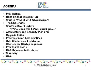AGENDA
• Introduction
• Node eviction issue in 10g
• What is “11GR2 Grid Clusterware”?
• The Challenges
• What’s different today?
• “We’ve seen this before, smart guy…”
• Architecture and Capacity Planning
• Upgrade Paths
• Pre-installation best practices
• Grid Clusterware Installation
• Clusterware Startup sequence
• Post Install steps
• RAC Database build steps
• Summary
• Q&A
11GR2 Grid clusterwarePresented on 10/21/2010 at DOUG
meeting in Dallas, TX
4
 