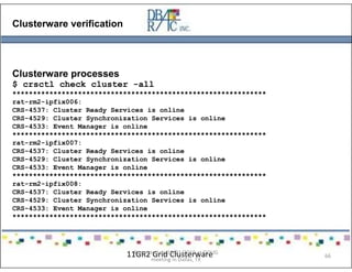 Clusterware verification
Clusterware processes
$ crsctl check cluster -all
**************************************************************
rat-rm2-ipfix006:
CRS-4537: Cluster Ready Services is online
CRS-4529: Cluster Synchronization Services is online
CRS-4533: Event Manager is online
**************************************************************
rat-rm2-ipfix007:
CRS-4537: Cluster Ready Services is online
CRS-4529: Cluster Synchronization Services is online
CRS-4533: Event Manager is online
**************************************************************
rat-rm2-ipfix008:
CRS-4537: Cluster Ready Services is online
CRS-4529: Cluster Synchronization Services is online
CRS-4533: Event Manager is online
**************************************************************
11GR2 Grid ClusterwarePresented on 10/21/2010 at DOUG
meeting in Dallas, TX
66
 