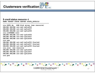 Clusterware verification
$ crsctl status resource -t
NAME TARGET STATE SERVER STATE_DETAILS
------------------------------------------------
ora.DATA.dg ASM disk group (new resource)
ONLINE ONLINE rat-rm2-ipfix006
ONLINE ONLINE rat-rm2-ipfix007
ONLINE ONLINE rat-rm2-ipfix008
ora.LISTENER.lsnr
ONLINE ONLINE rat-rm2-ipfix006
ONLINE ONLINE rat-rm2-ipfix007
ONLINE ONLINE rat-rm2-ipfix008
ora.asm
ONLINE ONLINE rat-rm2-ipfix006 Started
ONLINE ONLINE rat-rm2-ipfix007 Started
ONLINE ONLINE rat-rm2-ipfix008 Started
ora.eons new resource
ONLINE ONLINE rat-rm2-ipfix006
ONLINE ONLINE rat-rm2-ipfix007
ONLINE ONLINE rat-rm2-ipfix008
ora.gsd
11GR2 Grid ClusterwarePresented on 10/21/2010 at DOUG
meeting in Dallas, TX
67
 