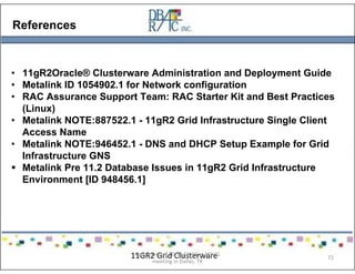 References
• 11gR2Oracle® Clusterware Administration and Deployment Guide
• Metalink ID 1054902.1 for Network configuration
• RAC Assurance Support Team: RAC Starter Kit and Best Practices
(Linux)
• Metalink NOTE:887522.1 - 11gR2 Grid Infrastructure Single Client
Access Name
• Metalink NOTE:946452.1 - DNS and DHCP Setup Example for Grid
Infrastructure GNS
Metalink Pre 11.2 Database Issues in 11gR2 Grid Infrastructure
Environment [ID 948456.1]
11GR2 Grid ClusterwarePresented on 10/21/2010 at DOUG
meeting in Dallas, TX
72
 