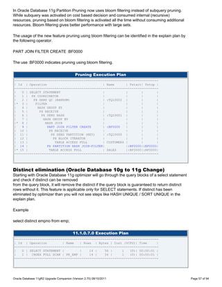 In Oracle Database 11g Partition Pruning now uses bloom filtering instead of subquery pruning.
While subquery was activated on cost based decision and consumed internal (recursive)
resources, pruning based on bloom filtering is activated all the time without consuming additional
resources. Bloom filtering gives better performance with large sets.

The usage of the new feature pruning using bloom filtering can be identified in the explain plan by
the following operator.

PART JOIN FILTER CREATE :BF0000

The use :BF0000 indicates pruning using bloom filtering.


                                           Pruning Execution Plan
---------------------------------------------------------------------------
| Id | Operation                               | Name      | Pstart| Pstop |
---------------------------------------------------------------------------
|   0 | SELECT STATEMENT                       |           |       |       |
|   1 | PX COORDINATOR                         |           |       |       |
|   2 |   PX SEND QC (RANDOM)                  | :TQ10002 |        |       |
|* 3 |     FILTER                              |           |       |       |
|   4 |     HASH GROUP BY                      |           |       |       |
|   5 |      PX RECEIVE                        |           |       |       |
|   6 |       PX SEND HASH                     | :TQ10001 |        |       |
|   7 |        HASH GROUP BY                   |           |       |       |
|* 8 |          HASH JOIN                      |           |       |       |
|   9 |           PART JOIN FILTER CREATE      | :BF0000   |       |       |
| 10 |             PX RECEIVE                  |           |       |       |
| 11 |              PX SEND PARTITION (KEY)    | :TQ10000 |        |       |
| 12 |               PX BLOCK ITERATOR         |           |       |       |
| 13 |                TABLE ACCESS FULL        | CUSTOMERS |       |       |
| 14 |            PX PARTITION HASH JOIN-FILTER|           |:BF0000|:BF0000|
|* 15 |            TABLE ACCESS FULL           | SALES     |:BF0000|:BF0000|
---------------------------------------------------------------------------




Distinct elimination (Oracle Database 10g to 11g Change)
Starting with Oracle Database 11g optimizer will go through the query blocks of a select statement
and check if distinct can be removed
from the query block, it will remove the distinct if the query block is guaranteed to return distinct
rows without it. This feature is applicable only for SELECT statements. If distinct has been
eliminated by optimizer than you will not see steps like HASH UNIQUE / SORT UNIQUE in the
explain plan.

Example

select distinct empno from emp;


                                         11.1.0.7.0 Execution Plan
---------------------------------------------------------------------------
| Id | Operation         | Name   | Rows | Bytes | Cost (%CPU)| Time      |
---------------------------------------------------------------------------
|   0 | SELECT STATEMENT |        |    14 |    56 |     1   (0)| 00:00:01 |
|   1 | INDEX FULL SCAN | PK_EMP |     14 |    56 |     1   (0)| 00:00:01 |
---------------------------------------------------------------------------




Oracle Database 11gR2 Upgrade Companion (Version 2.70) 08/10/2011                                       Page 57 of 94
 