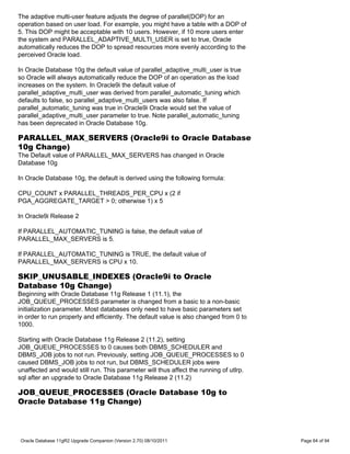 The adaptive multi-user feature adjusts the degree of parallel(DOP) for an
operation based on user load. For example, you might have a table with a DOP of
5. This DOP might be acceptable with 10 users. However, if 10 more users enter
the system and PARALLEL_ADAPTIVE_MULTI_USER is set to true, Oracle
automatically reduces the DOP to spread resources more evenly according to the
perceived Oracle load.

In Oracle Database 10g the default value of parallel_adaptive_multi_user is true
so Oracle will always automatically reduce the DOP of an operation as the load
increases on the system. In Oracle9i the default value of
parallel_adaptive_multi_user was derived from parallel_automatic_tuning which
defaults to false, so parallel_adaptive_multi_users was also false. If
parallel_automatic_tuning was true in Oracle9i Oracle would set the value of
parallel_adaptive_multi_user parameter to true. Note parallel_automatic_tuning
has been deprecated in Oracle Database 10g.

PARALLEL_MAX_SERVERS (Oracle9i to Oracle Database
10g Change)
The Default value of PARALLEL_MAX_SERVERS has changed in Oracle
Database 10g

In Oracle Database 10g, the default is derived using the following formula:

CPU_COUNT x PARALLEL_THREADS_PER_CPU x (2 if
PGA_AGGREGATE_TARGET > 0; otherwise 1) x 5

In Oracle9i Release 2

If PARALLEL_AUTOMATIC_TUNING is false, the default value of
PARALLEL_MAX_SERVERS is 5.

If PARALLEL_AUTOMATIC_TUNING is TRUE, the default value of
PARALLEL_MAX_SERVERS is CPU x 10.

SKIP_UNUSABLE_INDEXES (Oracle9i to Oracle
Database 10g Change)
Beginning with Oracle Database 11g Release 1 (11.1), the
JOB_QUEUE_PROCESSES parameter is changed from a basic to a non-basic
initialization parameter. Most databases only need to have basic parameters set
in order to run properly and efficiently. The default value is also changed from 0 to
1000.

Starting with Oracle Database 11g Release 2 (11.2), setting
JOB_QUEUE_PROCESSES to 0 causes both DBMS_SCHEDULER and
DBMS_JOB jobs to not run. Previously, setting JOB_QUEUE_PROCESSES to 0
caused DBMS_JOB jobs to not run, but DBMS_SCHEDULER jobs were
unaffected and would still run. This parameter will thus affect the running of utlrp.
sql after an upgrade to Oracle Database 11g Release 2 (11.2)

JOB_QUEUE_PROCESSES (Oracle Database 10g to
Oracle Database 11g Change)




Oracle Database 11gR2 Upgrade Companion (Version 2.70) 08/10/2011                       Page 64 of 94
 