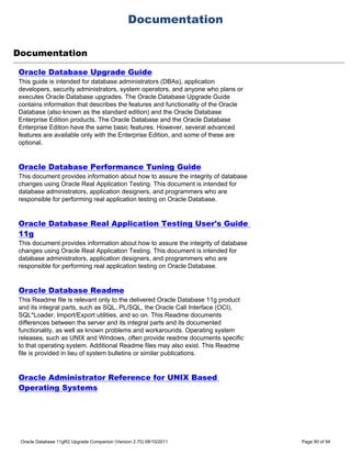 Documentation

Documentation

Oracle Database Upgrade Guide
This guide is intended for database administrators (DBAs), application
developers, security administrators, system operators, and anyone who plans or
executes Oracle Database upgrades. The Oracle Database Upgrade Guide
contains information that describes the features and functionality of the Oracle
Database (also known as the standard edition) and the Oracle Database
Enterprise Edition products. The Oracle Database and the Oracle Database
Enterprise Edition have the same basic features. However, several advanced
features are available only with the Enterprise Edition, and some of these are
optional.


Oracle Database Performance Tuning Guide
This document provides information about how to assure the integrity of database
changes using Oracle Real Application Testing. This document is intended for
database administrators, application designers, and programmers who are
responsible for performing real application testing on Oracle Database.


Oracle Database Real Application Testing User's Guide
11g
This document provides information about how to assure the integrity of database
changes using Oracle Real Application Testing. This document is intended for
database administrators, application designers, and programmers who are
responsible for performing real application testing on Oracle Database.


Oracle Database Readme
This Readme file is relevant only to the delivered Oracle Database 11g product
and its integral parts, such as SQL, PL/SQL, the Oracle Call Interface (OCI),
SQL*Loader, Import/Export utilities, and so on. This Readme documents
differences between the server and its integral parts and its documented
functionality, as well as known problems and workarounds. Operating system
releases, such as UNIX and Windows, often provide readme documents specific
to that operating system. Additional Readme files may also exist. This Readme
file is provided in lieu of system bulletins or similar publications.


Oracle Administrator Reference for UNIX Based
Operating Systems




 Oracle Database 11gR2 Upgrade Companion (Version 2.70) 08/10/2011                 Page 90 of 94
 