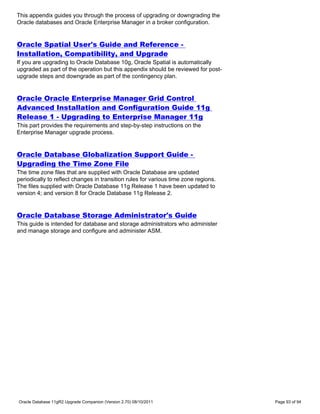 This appendix guides you through the process of upgrading or downgrading the
Oracle databases and Oracle Enterprise Manager in a broker configuration.


Oracle Spatial User's Guide and Reference -
Installation, Compatibility, and Upgrade
If you are upgrading to Oracle Database 10g, Oracle Spatial is automatically
upgraded as part of the operation but this appendix should be reviewed for post-
upgrade steps and downgrade as part of the contingency plan.


Oracle Oracle Enterprise Manager Grid Control
Advanced Installation and Configuration Guide 11g
Release 1 - Upgrading to Enterprise Manager 11g
This part provides the requirements and step-by-step instructions on the
Enterprise Manager upgrade process.


Oracle Database Globalization Support Guide -
Upgrading the Time Zone File
The time zone files that are supplied with Oracle Database are updated
periodically to reflect changes in transition rules for various time zone regions.
The files supplied with Oracle Database 11g Release 1 have been updated to
version 4; and version 8 for Oracle Database 11g Release 2.


Oracle Database Storage Administrator's Guide
This guide is intended for database and storage administrators who administer
and manage storage and configure and administer ASM.




Oracle Database 11gR2 Upgrade Companion (Version 2.70) 08/10/2011                    Page 93 of 94
 