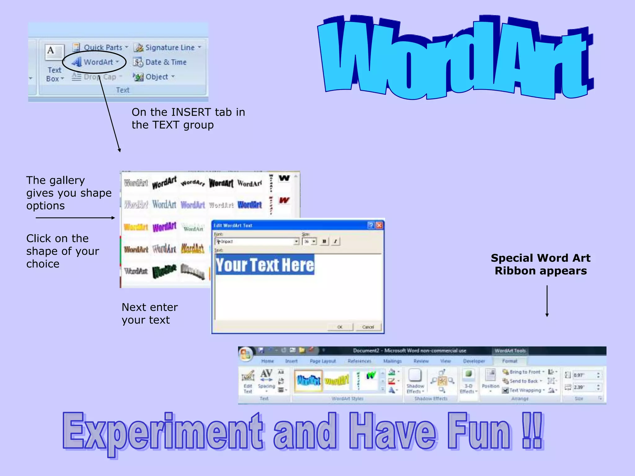 Item 10: Specify exact shape dimensionsInsert ShapesThis is the best place to begin your drawing, Word provides many ready-made shapes, called AutoShapes, that you can add to your document.  When you select a shape, the drawing tools ribbon will appear.You can choose the freeform tools and use your stylus to draw free-hand.Select the shape you desire, then click and drag in your document where you want to put the shape. 