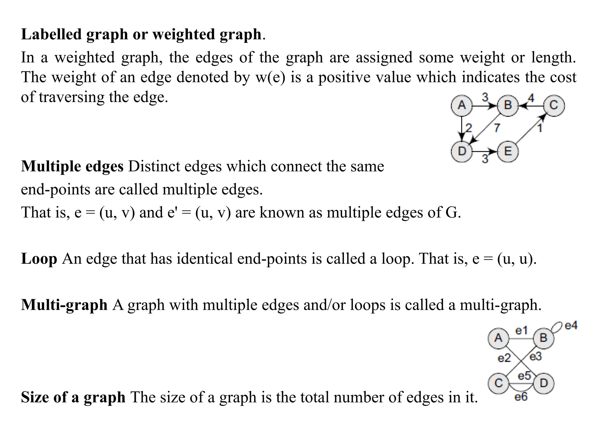 Labelled graph or weighted graph.
In a weighted graph, the edges of the graph are assigned some weight or length.
The weight of an edge denoted by w(e) is a positive value which indicates the cost
of traversing the edge.
Multiple edges Distinct edges which connect the same
end-points are called multiple edges.
That is, e = (u, v) and e' = (u, v) are known as multiple edges of G.
Loop An edge that has identical end-points is called a loop. That is, e = (u, u).
Multi-graph A graph with multiple edges and/or loops is called a multi-graph.
Size of a graph The size of a graph is the total number of edges in it.
 