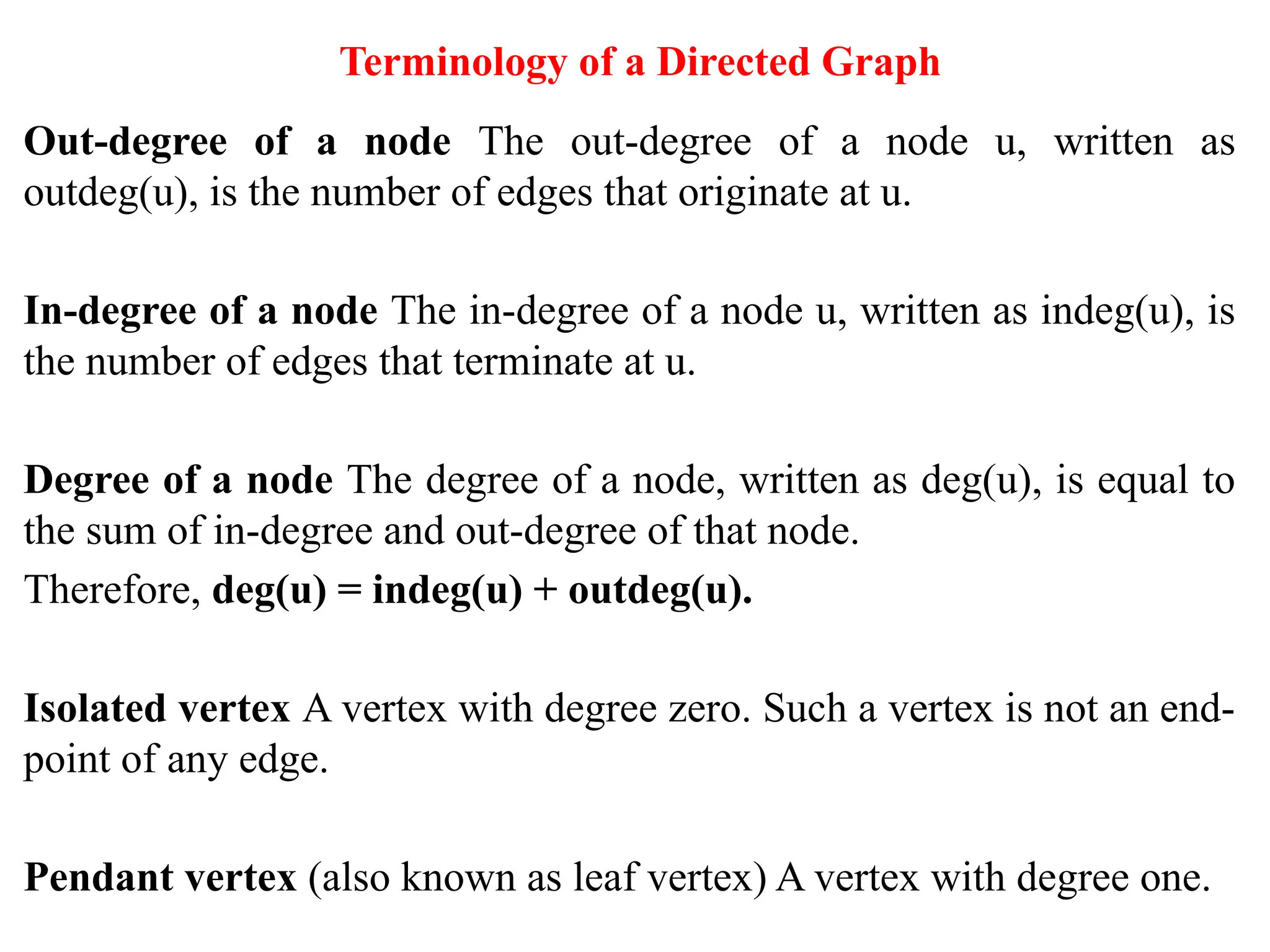 Terminology of a Directed Graph
Out-degree of a node The out-degree of a node u, written as
outdeg(u), is the number of edges that originate at u.
In-degree of a node The in-degree of a node u, written as indeg(u), is
the number of edges that terminate at u.
Degree of a node The degree of a node, written as deg(u), is equal to
the sum of in-degree and out-degree of that node.
Therefore, deg(u) = indeg(u) + outdeg(u).
Isolated vertex A vertex with degree zero. Such a vertex is not an end-
point of any edge.
Pendant vertex (also known as leaf vertex) A vertex with degree one.
 