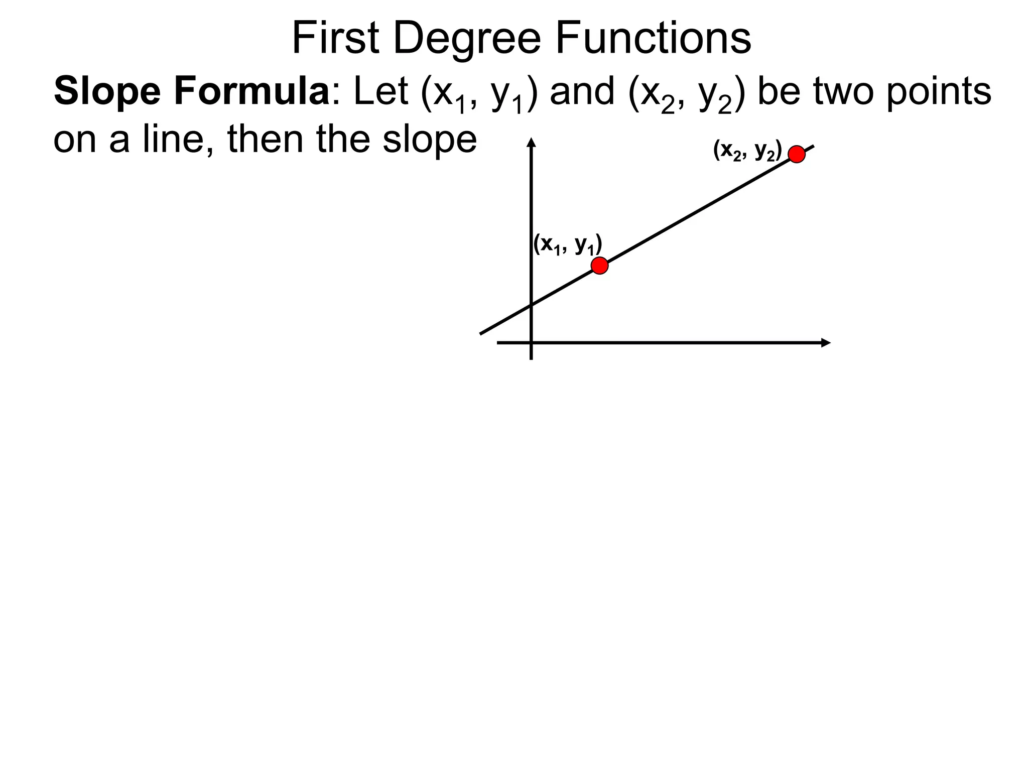 Slope Formula: Let (x1, y1) and (x2, y2) be two points
on a line, then the slope
First Degree Functions
(x1, y1)
(x2, y2)
 