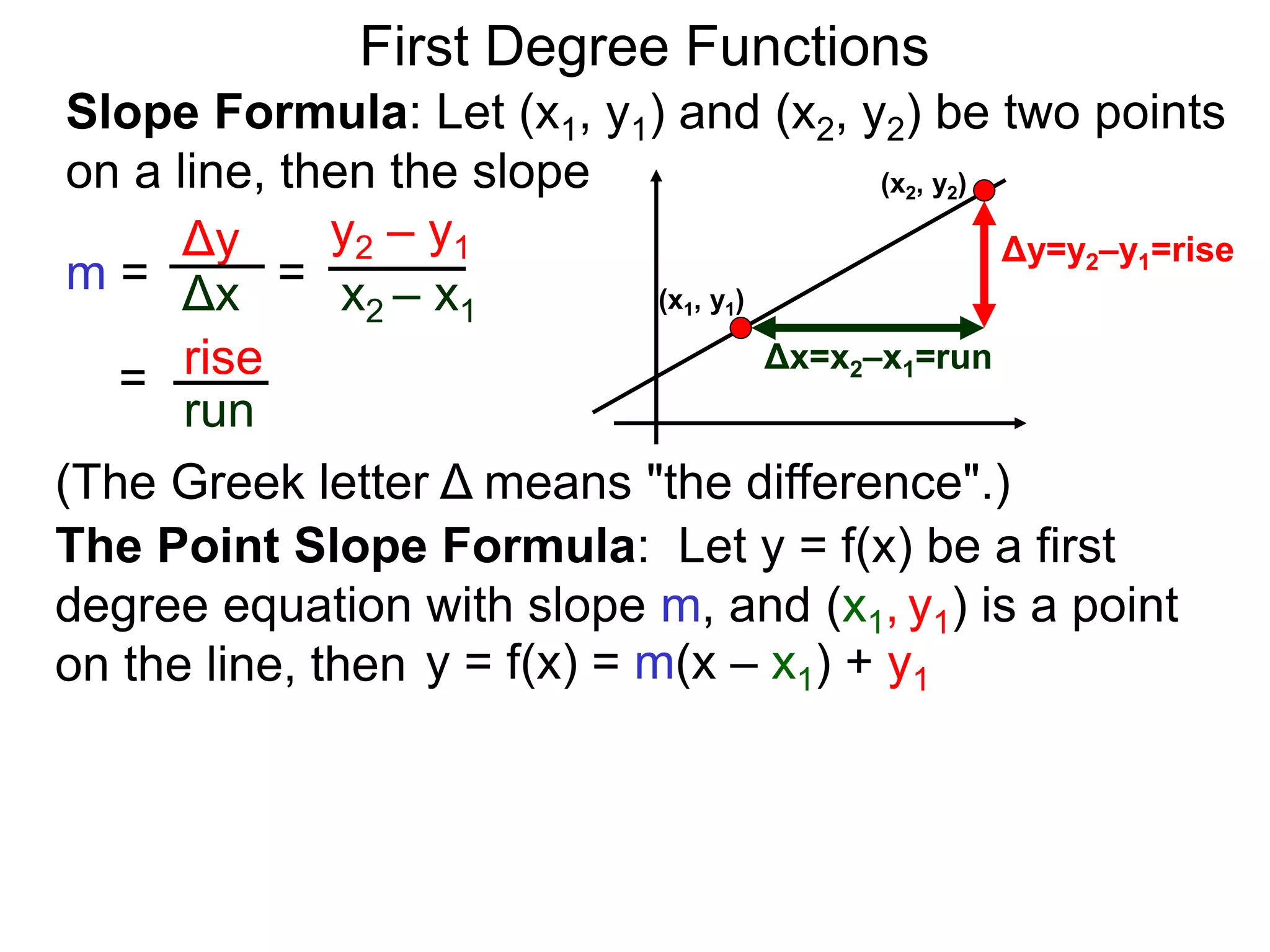 Slope Formula: Let (x1, y1) and (x2, y2) be two points
on a line, then the slope
Δy
Δx
y2 – y1
x2 – x1
m =
rise
run
=
= (x1, y1)
(x2, y2)
Δy=y2–y1=rise
Δx=x2–x1=run
The Point Slope Formula: Let y = f(x) be a first
degree equation with slope m, and (x1, y1) is a point
on the line, then y = f(x) = m(x – x1) + y1
First Degree Functions
(The Greek letter Δ means "the difference".)
 
