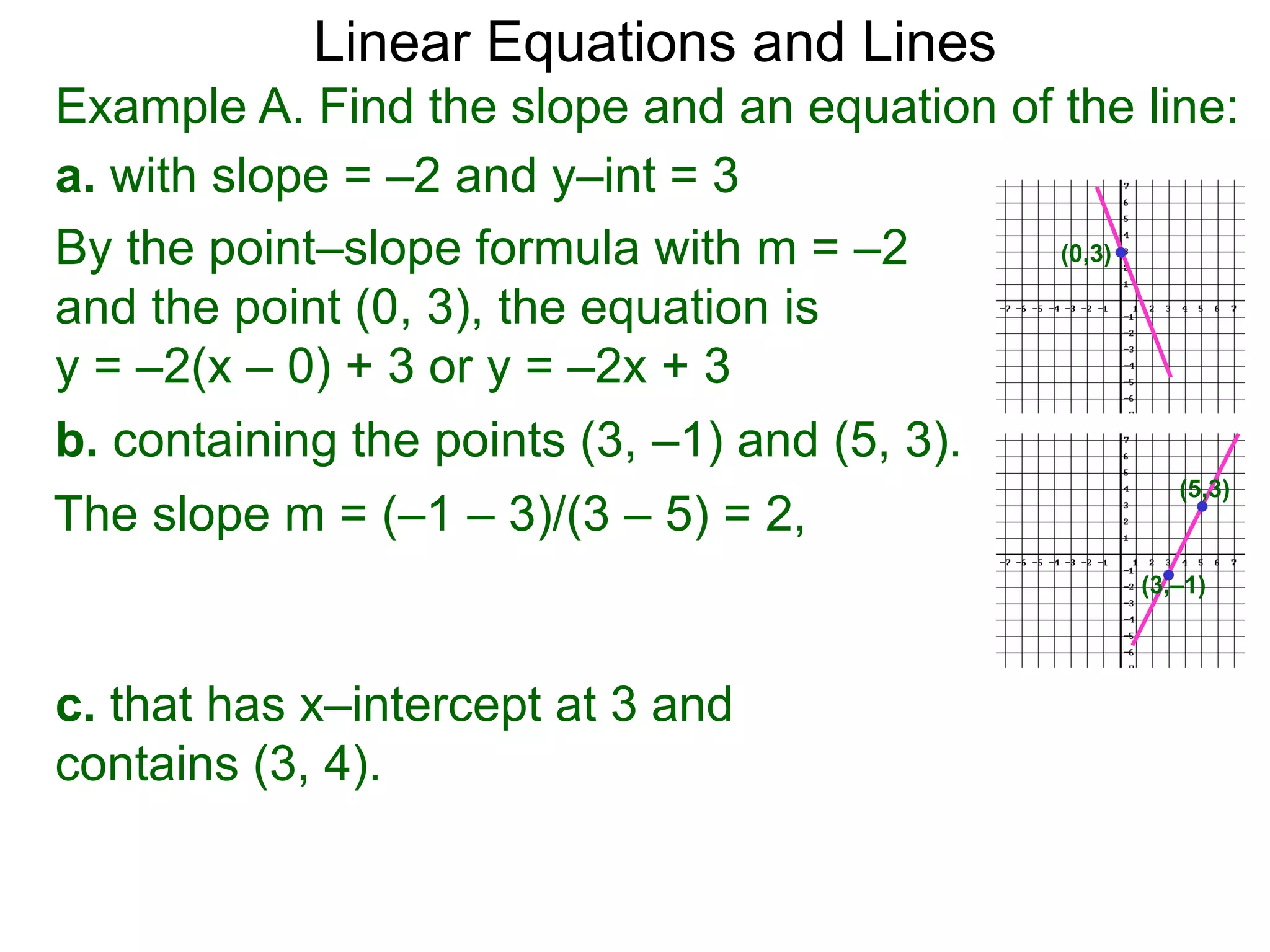 Linear Equations and Lines
Example A. Find the slope and an equation of the line:
a. with slope = –2 and y–int = 3
b. containing the points (3, –1) and (5, 3).
c. that has x–intercept at 3 and
contains (3, 4).
(0,3)
(3,–1)
(5,3)
By the point–slope formula with m = –2
and the point (0, 3), the equation is
y = –2(x – 0) + 3 or y = –2x + 3
The slope m = (–1 – 3)/(3 – 5) = 2,
 