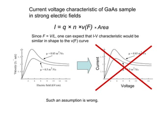 Such an assumption is wrong.
2 4 6 8 10 12 14
0.5
1
1.5
2
Electric field (kV/cm)
μ = 0.85 m
2
/Vs
μ = 0.5 m2
/Vs
Current voltage characteristic of GaAs sample
in strong electric fields
I = q × n ×v(F) × Area
Since F = V/L, one can expect that I-V characteristic would be
similar in shape to the v(F) curve
2 4 6 8 10 12 14
0.5
1
1.5
2
Electric field (kV/cm)
μ = 0.85 m
2
/Vs
μ = 0.5 m2
/Vs
Current
Voltage
 