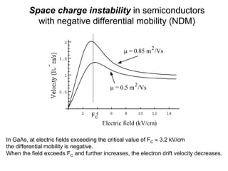 2 4 6 8 10 12 14
0.5
1
1.5
2
Electric field (kV/cm)
μ = 0.85 m
2
/Vs
μ = 0.5 m
2
/Vs
Space charge instability in semiconductors
with negative differential mobility (NDM)
FC
In GaAs, at electric fields exceeding the critical value of FC ≈ 3.2 kV/cm
the differential mobility is negative.
When the field exceeds FC and further increases, the electron drift velocity decreases.
 