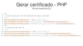 Gerar certiﬁcado - PHP
Par de chaves do CA
1 /**
2 * Chave privada do CA necessária para assinar
3 */
4 $privateKeyIntermediateCA = new Crypt_RSA();
5 $privateKeyIntermediateCA->setPassword('Intermediate CA password');
6 $privateKeyIntermediateCA->loadKey(file_get_contents($privateCAKeyPath));
7 /**
8 * Certificado do CA
9 */
10 $certificateIntermediateCA = new File_X509();
11 $certificateIntermediateCA->setPrivateKey($privateKeyIntermediateCA);
12 $certificateIntermediateCA->loadX509(file_get_contents($certificateCAKeyPath));
 