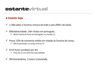 A Estante hoje
 1.300 sebos e livreiros virtuais de todo o país (90%+ do total).
 Bibliodiversidade: 1M+ títulos em português.
 Maior livraria de livros em português, no mundo. (!)
 Preço: 52% de economia média em relação às livrarias de novos.
 Não é promoção, é o preço normal. (!)
 8 mil livros vendidos por dia.
 Picos de 11 mil conforme sazonalidade.
 30 funcionários, 1 casa e crescendo.
 