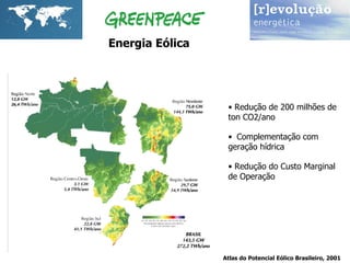 Atlas do Potencial Eólico Brasileiro, 2001 Energia Eólica Redução de 200 milhões de  ton CO2/ano Complementação com  geração hídrica Redução do Custo Marginal  de Operação 