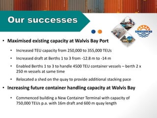 • Maximised existing capacity at Walvis Bay Port
• Increased TEU capacity from 250,000 to 355,000 TEUs
• Increased draft at Berths 1 to 3 from -12.8 m to -14 m
• Enabled Berths 1 to 3 to handle 4500 TEU container vessels – berth 2 x
250 m vessels at same time
• Relocated a shed on the quay to provide additional stacking pace
• Increasing future container handling capacity at Walvis Bay
• Commenced building a New Container Terminal with capacity of
750,000 TEUs p.a. with 16m draft and 600 m quay length
 