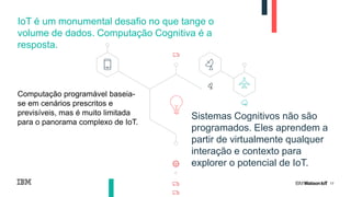 17
Computação programável baseia-
se em cenários prescritos e
previsíveis, mas é muito limitada
para o panorama complexo de IoT.
IoT é um monumental desafio no que tange o
volume de dados. Computação Cognitiva é a
resposta.
Sistemas Cognitivos não são
programados. Eles aprendem a
partir de virtualmente qualquer
interação e contexto para
explorer o potencial de IoT.
 