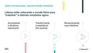 4
Valor comprovado, oportunidade imediata
Líderes estão colocando o mundo físico para
“trabalhar” e obtendo resultados agora.
Transformando
a experiência
dos usuários
Aumentando
a eficiência
operacional
Revolucionando
suas indústrias
 