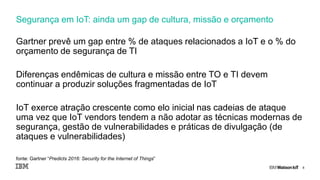 8
Gartner prevê um gap entre % de ataques relacionados a IoT e o % do
orçamento de segurança de TI
Diferenças endêmicas de cultura e missão entre TO e TI devem
continuar a produzir soluções fragmentadas de IoT
IoT exerce atração crescente como elo inicial nas cadeias de ataque
uma vez que IoT vendors tendem a não adotar as técnicas modernas de
segurança, gestão de vulnerabilidades e práticas de divulgação (de
ataques e vulnerabilidades)
Segurança em IoT: ainda um gap de cultura, missão e orçamento
fonte: Gartner “Predicts 2016: Security for the Internet of Things”
 