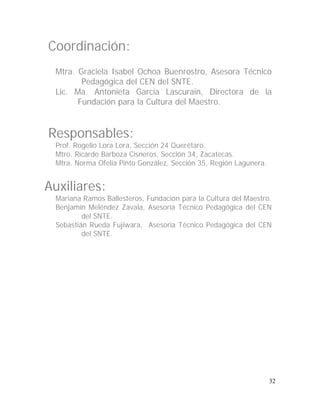 Coordinación:
Mtra. Graciela Isabel Ochoa Buenrostro, Asesora Técnico
Pedagógica del CEN del SNTE.
Lic. Ma. Antonieta García Lascurain, Directora de la
Fundación para la Cultura del Maestro.

Responsables:
Prof. Rogelio Lora Lora, Sección 24 Querétaro.
Mtro. Ricardo Barboza Cisneros, Sección 34, Zacatecas.
Mtra. Norma Ofelia Pinto González, Sección 35, Región Lagunera.

Auxiliares:
Mariana Ramos Ballesteros, Fundación para la Cultura del Maestro.
Benjamín Meléndez Zavala, Asesoría Técnico Pedagógica del CEN
del SNTE.
Sebastián Rueda Fujiwara, Asesoría Técnico Pedagógica del CEN
del SNTE.

32

 