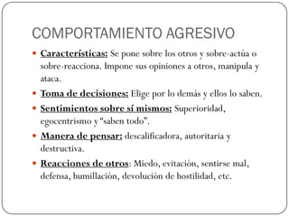 COMPORTAMIENTO AGRESIVO
 Características: Se pone sobre los otros y sobre-actúa o
sobre-reacciona. Impone sus opiniones a otros, manipula y
ataca.
 Toma de decisiones: Elige por lo demás y ellos lo saben.
 Sentimientos sobre sí mismos: Superioridad,
egocentrismo y “saben todo”.
 Manera de pensar: descalificadora, autoritaria y
destructiva.
 Reacciones de otros: Miedo, evitación, sentirse mal,
defensa, humillación, devolución de hostilidad, etc.
 