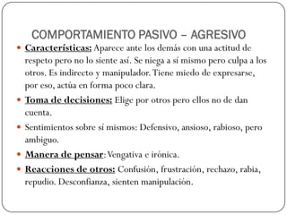 COMPORTAMIENTO PASIVO – AGRESIVO
 Características: Aparece ante los demás con una actitud de
respeto pero no lo siente así. Se niega a sí mismo pero culpa a los
otros. Es indirecto y manipulador.Tiene miedo de expresarse,
por eso, actúa en forma poco clara.
 Toma de decisiones: Elige por otros pero ellos no de dan
cuenta.
 Sentimientos sobre sí mismos: Defensivo, ansioso, rabioso, pero
ambiguo.
 Manera de pensar:Vengativa e irónica.
 Reacciones de otros: Confusión, frustración, rechazo, rabia,
repudio. Desconfianza, sienten manipulación.
 