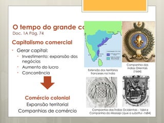 O tempo do grande comércio oceânico
Doc. 1A Pág. 74
Capitalismo comercial
• Gerar capital:
• Investimento: expansão dos
negócios
• Aumento do lucro
• Concorrência
Comércio colonial
Expansão territorial
Companhias de comércio
Extensão dos territórios
franceses na ìndia
Companhia das
índias Orientais
(1664)
Companhia das Índias Ocidentais - 1664 e
Companhia do Mississipi (que a substitui -1684)
 