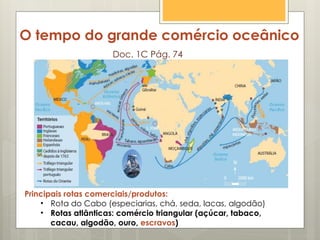O tempo do grande comércio oceânico
Doc. 1C Pág. 74
Principais rotas comerciais/produtos:
• Rota do Cabo (especiarias, chá, seda, lacas, algodão)
• Rotas atlânticas: comércio triangular (açúcar, tabaco,
cacau, algodão, ouro, escravos)
 
