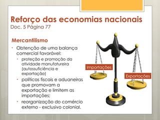 Reforço das economias nacionais
Doc. 5 Página 77
Mercantilismo
• Obtenção de uma balança
comercial favorável:
• proteção e promoção da
atividade manufatureira
(autossuficiência e
exportação)
• políticas fiscais e aduaneiras
que promovam a
exportação e limitem as
importações;
• reorganização do comércio
externo - exclusivo colonial.
Exportações
Importações
 