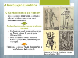 A Revolução Científica
O Conhecimento do Homem
 Dissecação de cadáveres continua a
não ser prática comum e a estar
rodeada de mistérios
Reduzido conhecimento da anatomia
humana
 Continuam a seguir-se os ensinamentos
de Galeno (século II) e de Avicena
(Séculos X-XI)
 Obra de Vesálio, sobre a anatomia
humana (século XVI), condenada pela
inquisição
Receio de publicar novas descobertas e
do Tribunal da Inquisição
Gravuras na Obra de Vesálio, De Humani
Corporis Fabrica (1543)
 