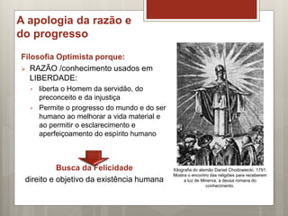 A apologia da razão e
do progresso
Filosofia Optimista porque:
 RAZÃO /conhecimento usados em
LIBERDADE:
• liberta o Homem da servidão, do
preconceito e da injustiça
• Permite o progresso do mundo e do ser
humano ao melhorar a vida material e
ao permitir o esclarecimento e
aperfeiçoamento do espírito humano
Busca da Felicidade
direito e objetivo da existência humana
Xilografia do alemão Daniel Chodowiecki, 1791.
Mostra o encontro das religiões para receberem
a luz de Minerva, a deusa romana do
conhecimento.
 